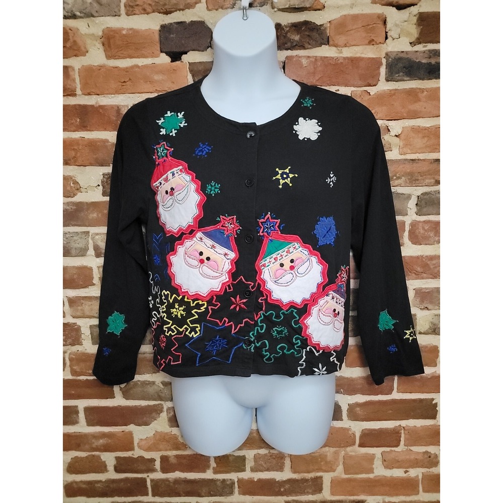Michael Simon Cardigan Womens M Black Christmas Snowflake Embroidered Felt Santa